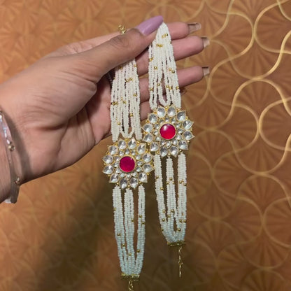925 Silver Traditional Kundan Pearl Hand Bracelet – Multistrand Beaded Rakhi Style with Red Centerpiece