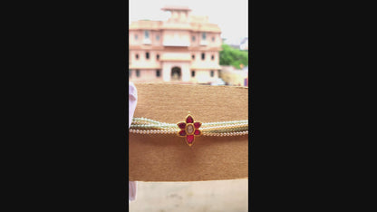 Floral Polki Bracelet – Red Enamel with Green Beads & Pearls