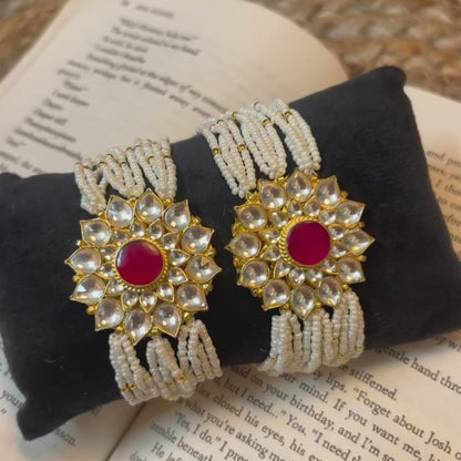 925 Silver Traditional Kundan Pearl Hand Bracelet – Multistrand Beaded Rakhi Style with Red Centerpiece