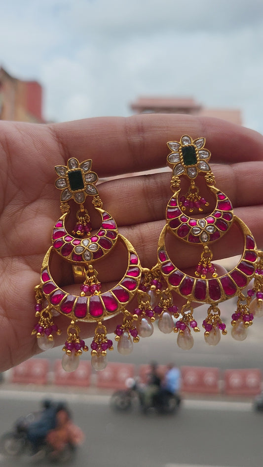 Ruby Pink Kundan Chandbali Earrings with Pearl drops