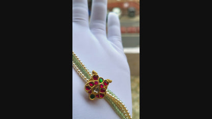 Peacock Motif Bracelet with Red-Green Enamel & Pearl Beads