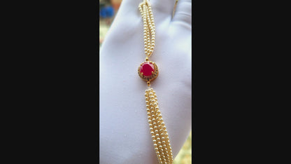 Red Stone Centerpiece Pearl Strand Bracelet