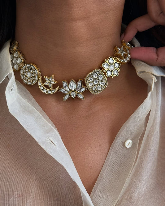925 Silver Celestial Motif Kundan Choker Necklace