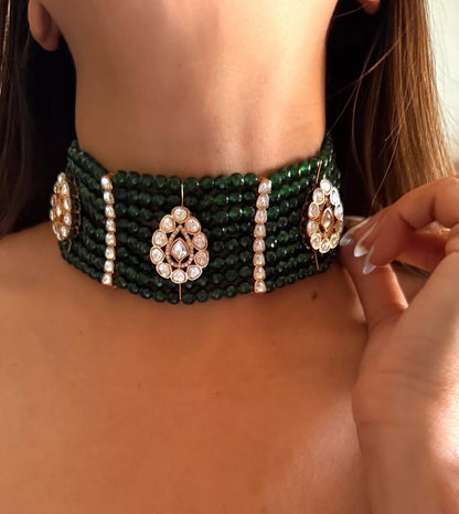 925 Silver Emerald Beaded Polki Choker with Earrings