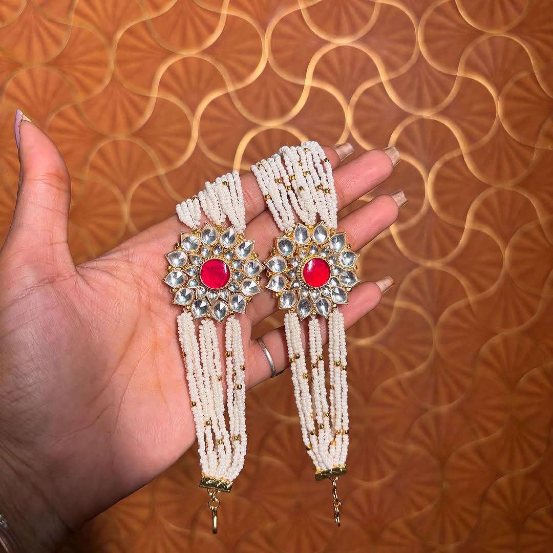 925 Silver Traditional Kundan Pearl Hand Bracelet – Multistrand Beaded Rakhi Style with Red Centerpiece