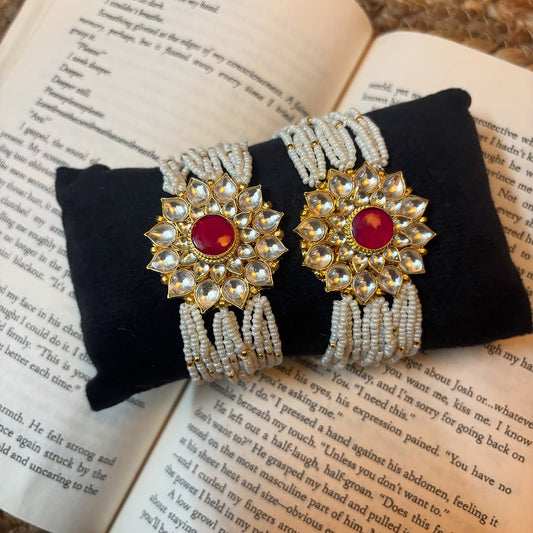 925 Silver Traditional Kundan Pearl Hand Bracelet – Multistrand Beaded Rakhi Style with Red Centerpiece