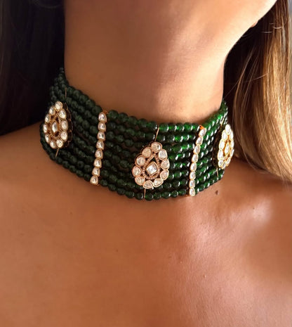 925 Silver Emerald Beaded Polki Choker with Earrings