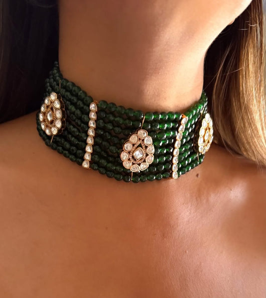 925 Silver Emerald Beaded Polki Choker with Earrings