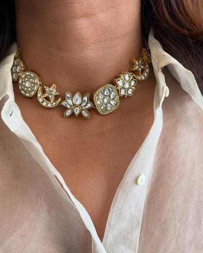 925 Silver Celestial Motif Kundan Choker Necklace