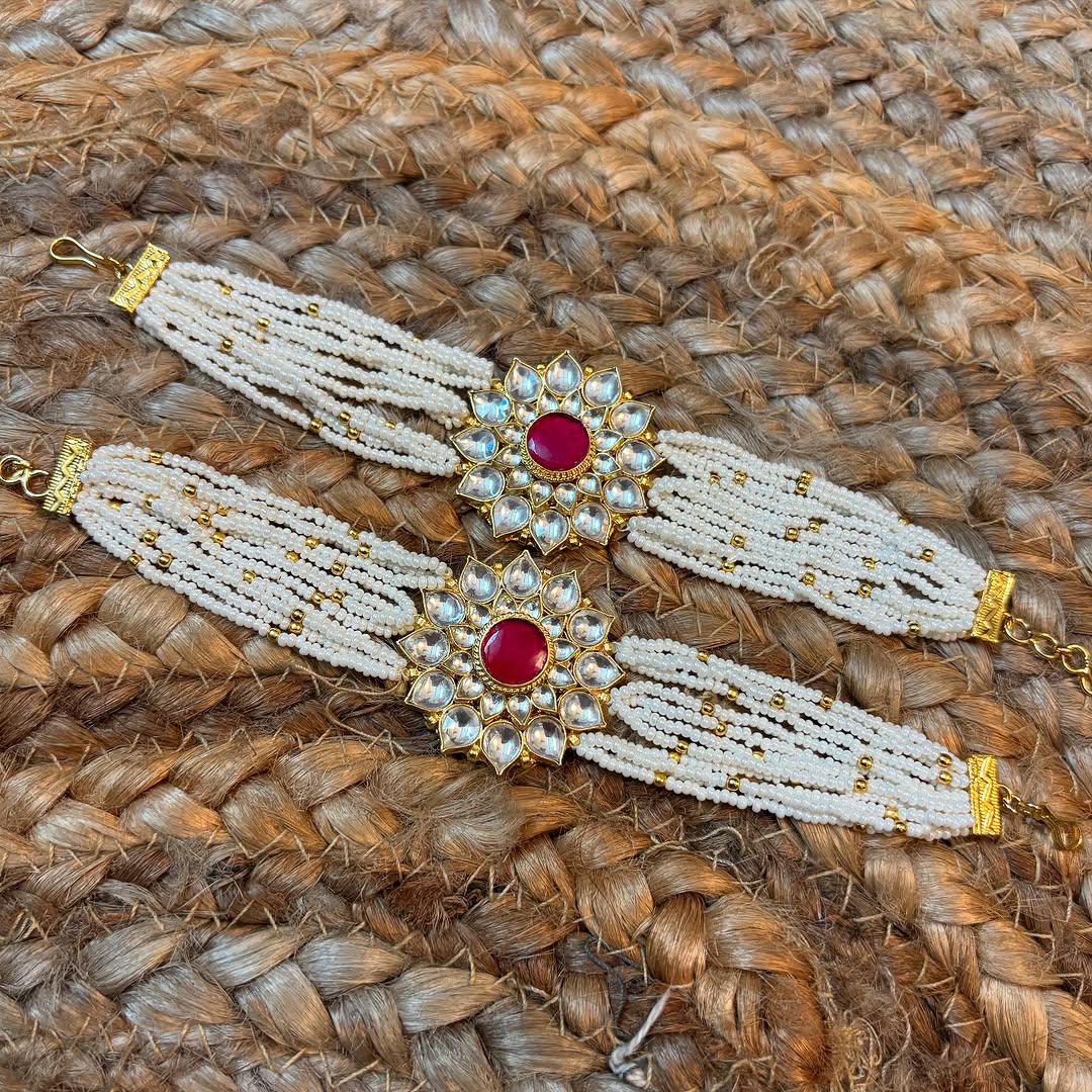 925 Silver Traditional Kundan Pearl Hand Bracelet – Multistrand Beaded Rakhi Style with Red Centerpiece