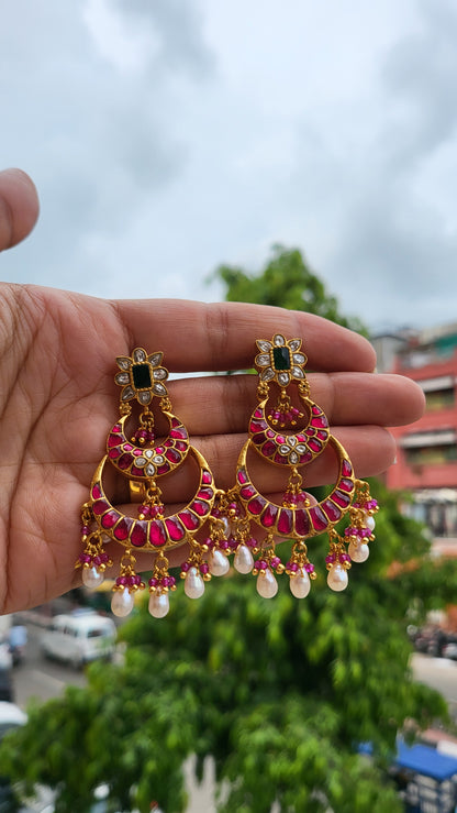 Ruby Pink Kundan Chandbali Earrings with Pearl drops