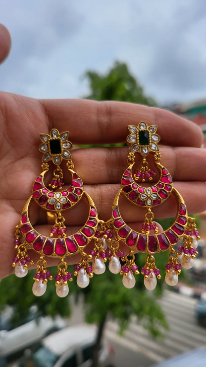 Ruby Pink Kundan Chandbali Earrings with Pearl drops